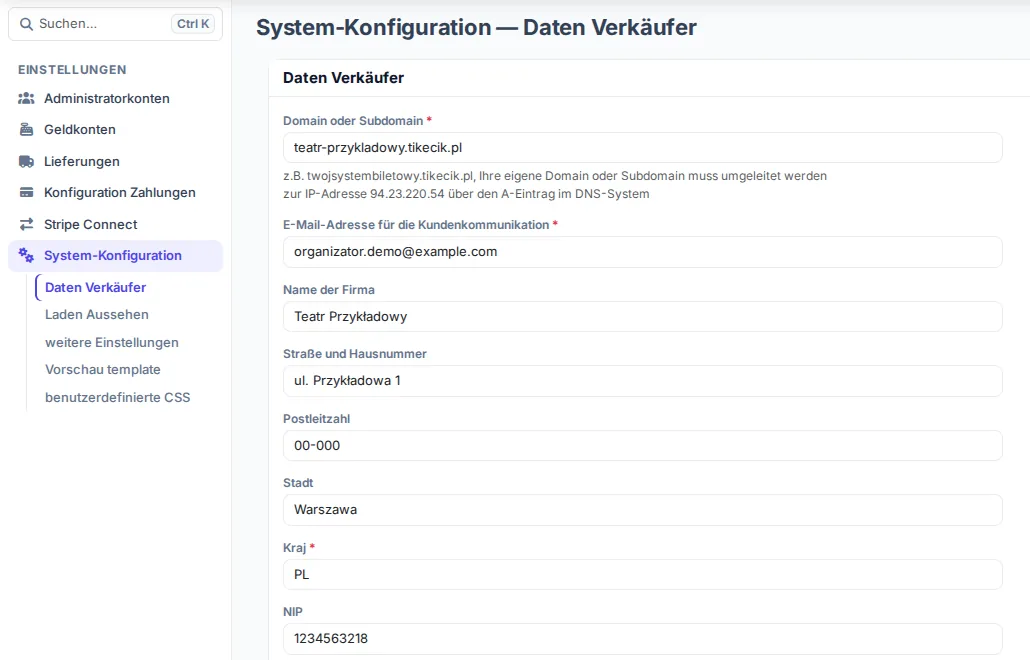 Formular für Verkäuferdaten in den Panel-Einstellungen