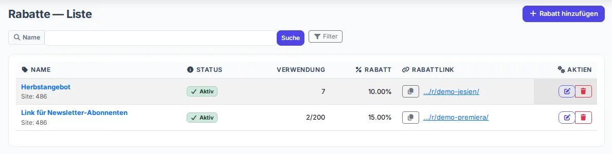 Liste der Rabattcodes im Panel