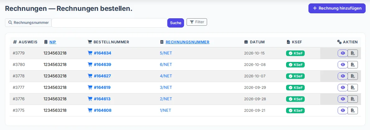 Liste der Rechnungen zu Bestellungen mit KSeF-Versandstatus