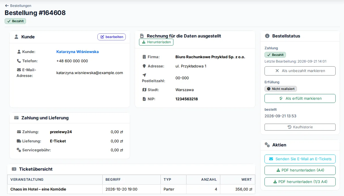 Bestelldetails mit Tickets und Zahlungsstatus