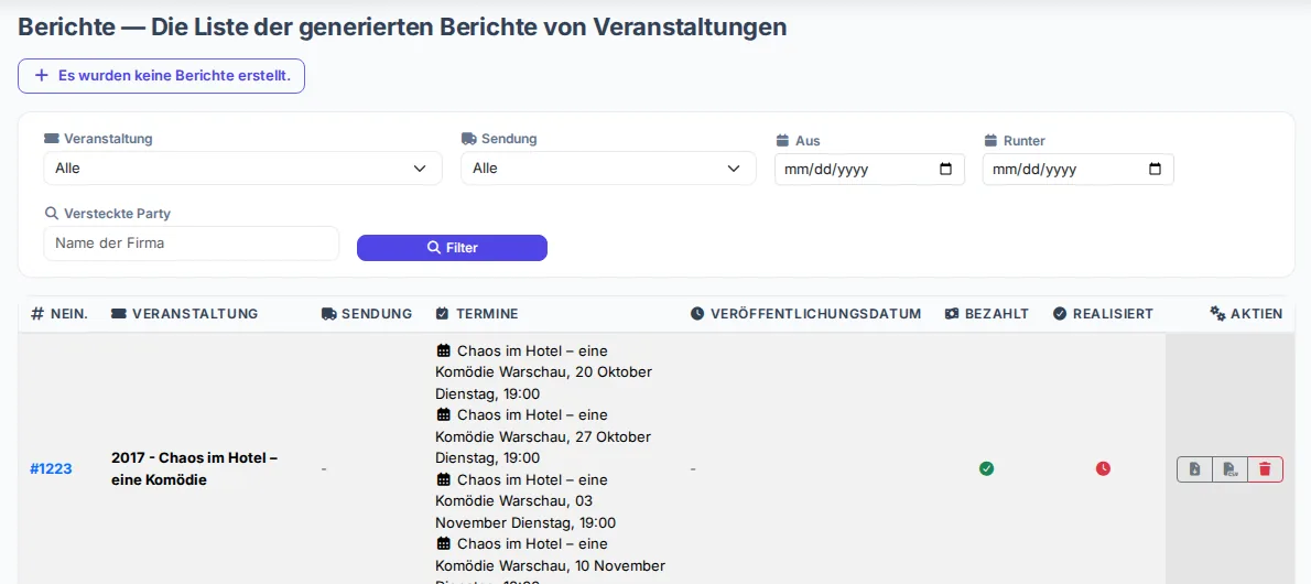 Liste der Veranstaltungsverkaufsberichte mit PDF-Download