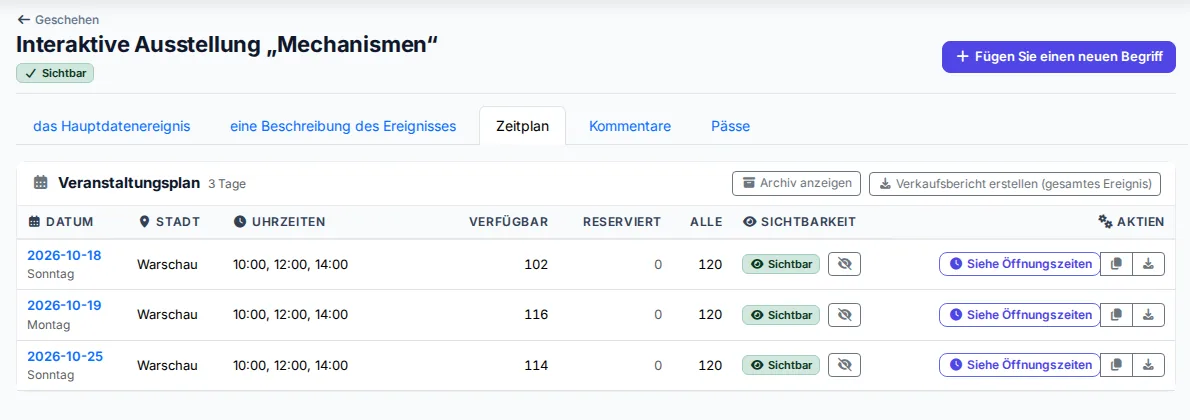 Zeitplan der Veranstaltung mit nach Tagen gruppierten Terminen