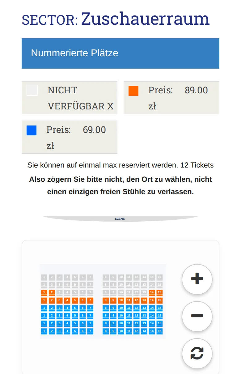 Platzwahl auf dem Sektorplan im Shop, Ansicht auf dem Smartphone