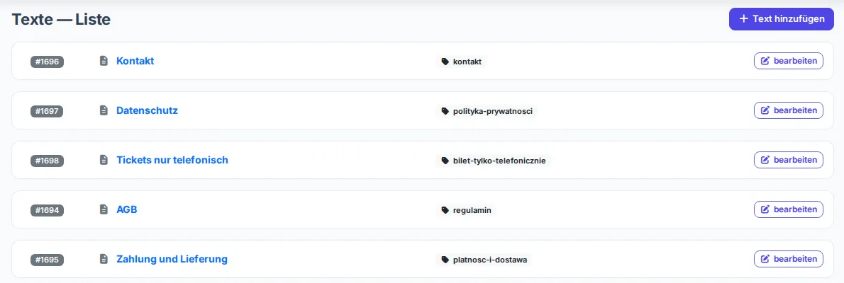 Liste der Shop-Texte: Kontakt, Datenschutzrichtlinie, Allgemeine Geschäftsbedingungen sowie Zahlung und Lieferung