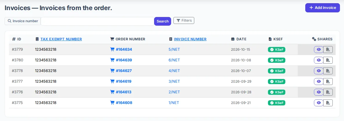 List of order invoices with KSeF submission status