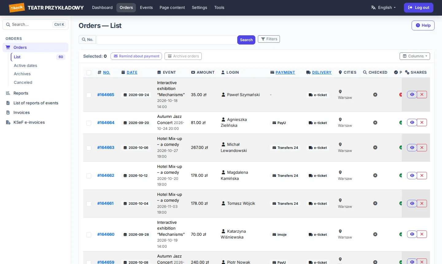 Order list with statuses and the Event column
