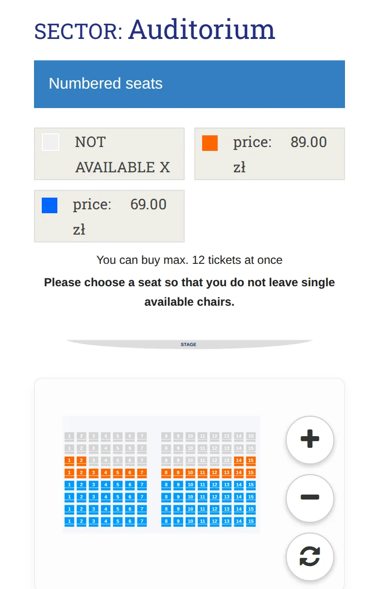 Choosing a seat on the sector plan in the shop, mobile view