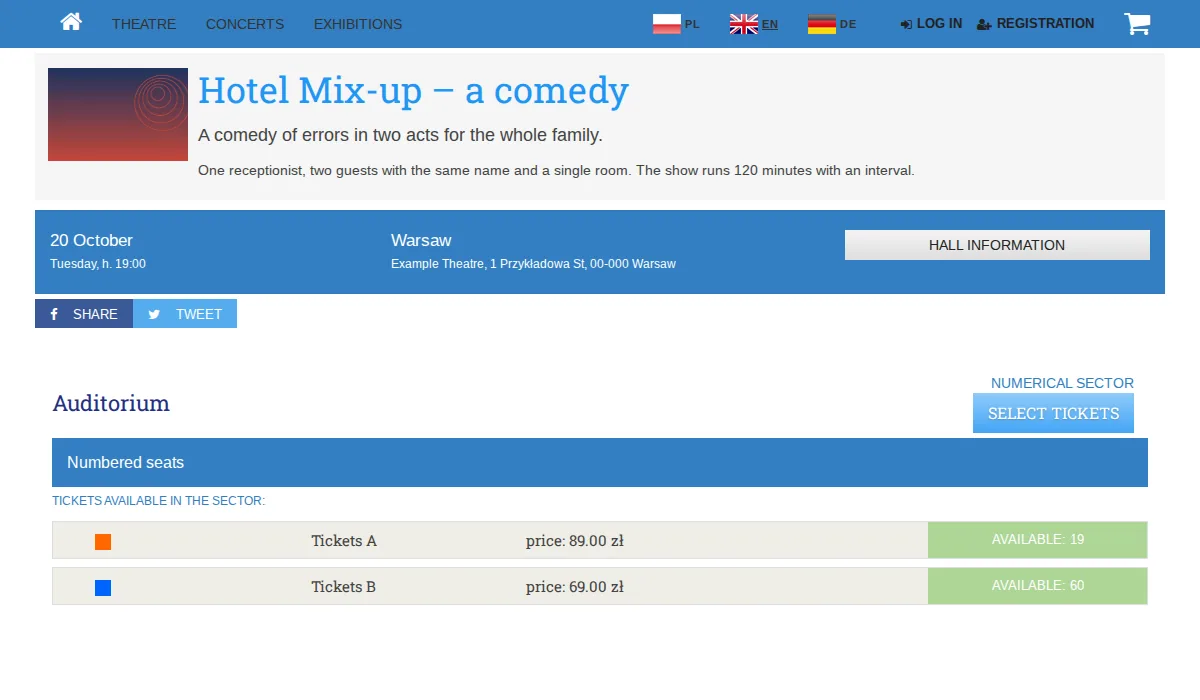 The showtime page in the ticket shop, as the buyer sees it