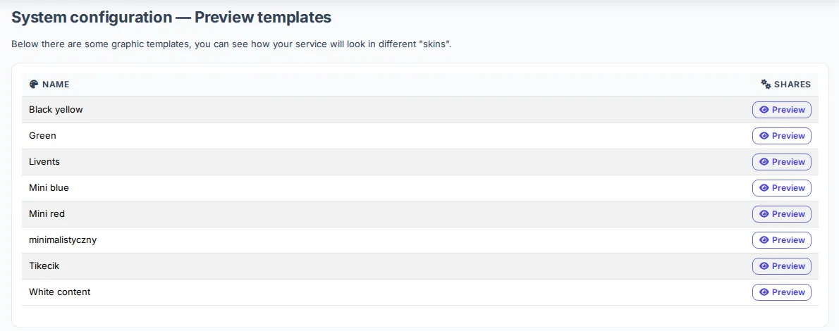 List of shop color themes with preview buttons