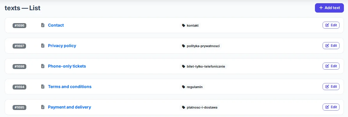 List of shop texts: contact, privacy policy, terms and conditions, and payment and delivery