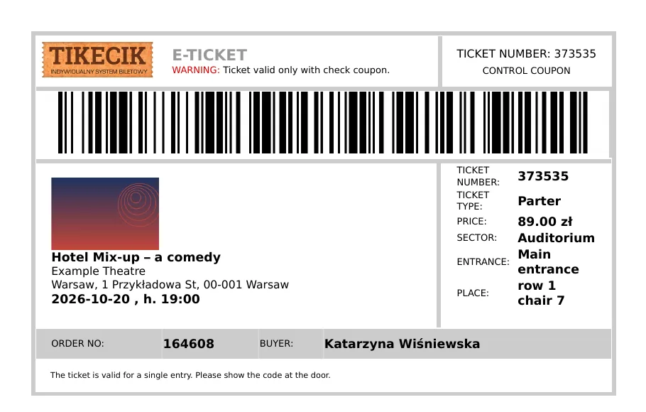 Ticket preview in PDF with code to be scanned at the entrance