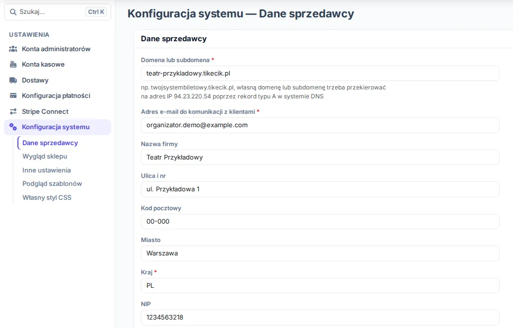 Formularz danych sprzedawcy w ustawieniach panelu
