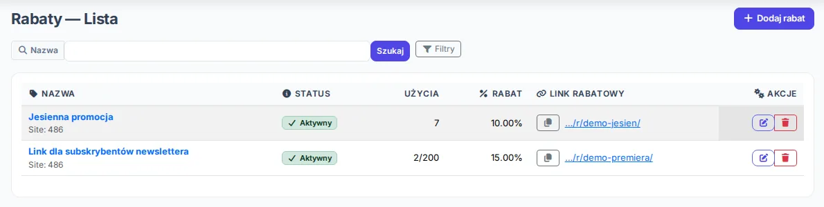 Lista kodów rabatowych w panelu