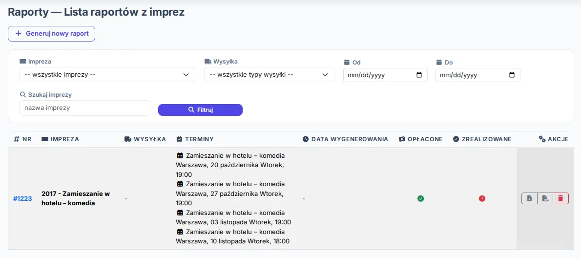 Lista raportów sprzedaży z imprez z pobieraniem PDF