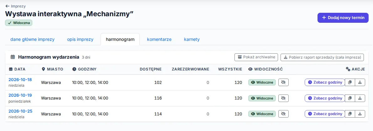 Harmonogram imprezy z terminami pogrupowanymi w dni