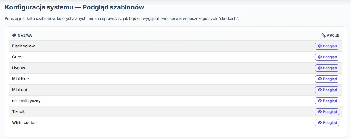Lista szablonów kolorystycznych sklepu z przyciskami podglądu