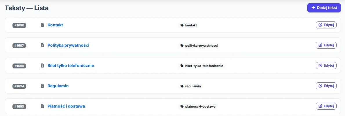 Lista tekstów sklepu: kontakt, polityka prywatności, regulamin oraz płatność i dostawa