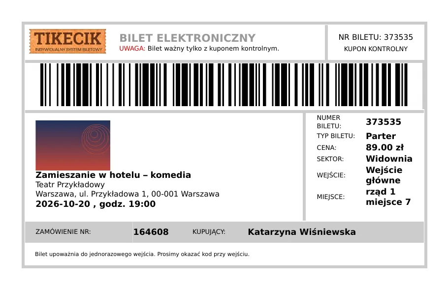 Podgląd biletu w PDF z kodem do skanowania przy wejściu